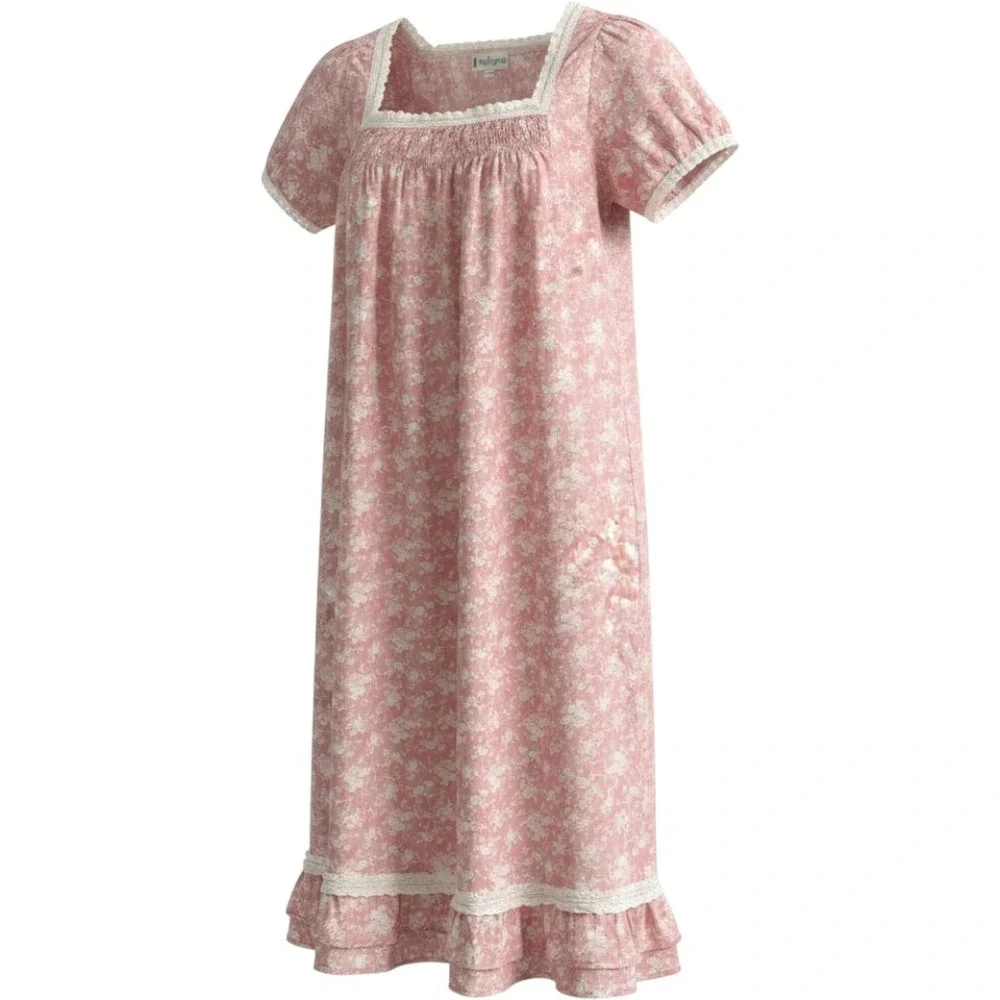 The 1 for U Pink Floral Cotton Nightgown Lace Trim Smocked Victorian Sleepwear L